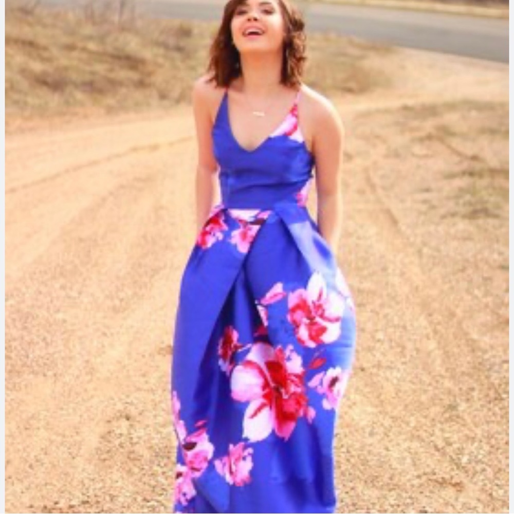 By&By Blue and Pink Floral Strappy Dress Size 1 Evening Party Prom with Pockets